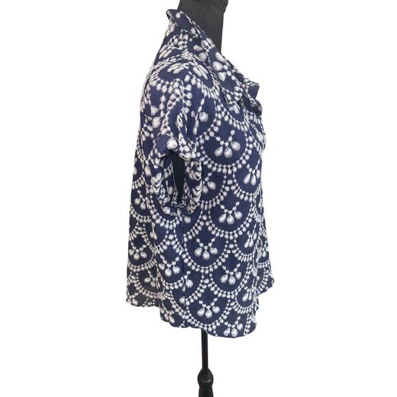 Fig + Flower Boho Embroidered Womens Blue & White Button-Up Shirt L Prairie - Picture 9 of 10